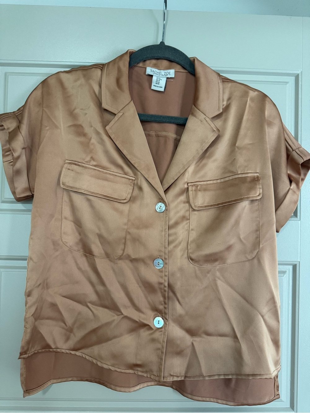 Rachel Zoe Satin Short-Sleeve Button Shirt in Camel